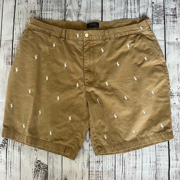 Polo Ralph Lauren All Over Pony 9” Chino Shorts Tan Khaki 100% Cotton Size 42 - Picture 1 of 7